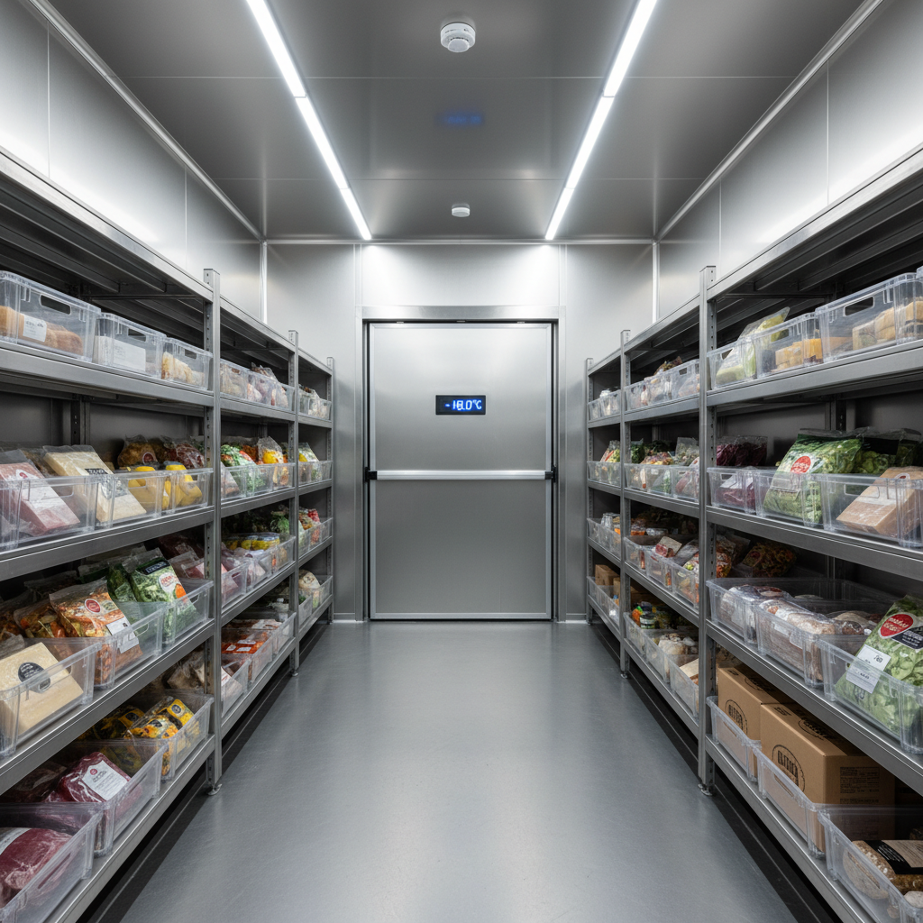 A pristine stainless-steel cold storage area filled with neatly aligned transparent plastic crates containing assorted packaged foods: vacuum-sealed meats, labeled cheese blocks, bags of frozen vegetables, and cartons of ready-to-ship ingredients. Frost-free, spotless metal shelving runs in parallel rows, receding toward a closed, insulated door with a digital temperature display glowing in the distance. Cool white LED strip lighting from the ceiling produces crisp, even illumination, accentuating condensation-free surfaces and clear labeling on every container. Shot from a central, slightly low angle with strong linear perspective and sharp focus, in photographic realism, the mood is ultra-professional, hygienic, and trustworthy, emphasizing strict quality control in food trading and storage.