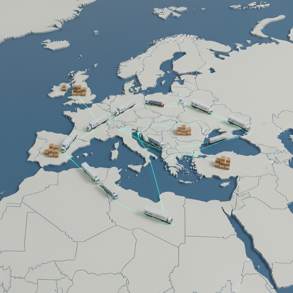 An expansive aerial view of a stylized map of Europe rendered on a large, matte-blue tabletop, with miniature refrigerated containers, cargo trucks, freight trains, and cargo ships placed along major trade routes. Tiny crates marked with fresh produce, grains, dairy, and packaged foods sit at key nodes, connected by thin glowing lines that suggest real-time logistics tracking. Soft overhead studio lighting casts gentle, uniform illumination across the map, with subtle shadows beneath each model vehicle for depth. The composition uses a slightly elevated angle, photographic realism, and clean, modern aesthetics to communicate a seamless, reliable food supply network stretching across Europe and beyond, calm and highly organized.