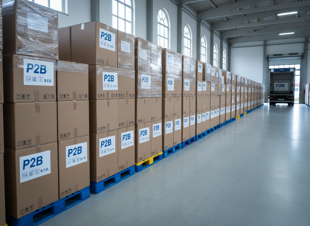 A meticulously organized logistics hub for food trading, featuring rows of stacked, sealed cardboard boxes with clear “P2B s.r.o.” labels, each marked with icons for chilled, frozen, and dry goods. The crates rest on clean blue and yellow pallets inside a vast, spotless warehouse. In the distance, a large open loading bay reveals a parked refrigerated truck with its rear doors closed. Cool, diffused daylight enters through high windows, creating soft reflections on the polished concrete floor and subtle shadows between the stacks. Photographic realism, shot at eye level with a wide-angle lens, sharp focus throughout, conveying reliability, scale, and professional efficiency in the European food supply chain.