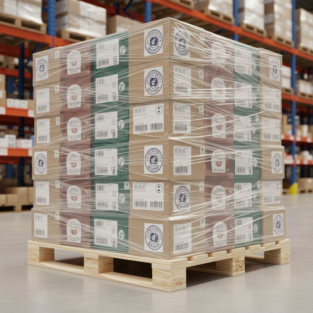 A close-up, photographic-realistic shot of a carefully packed export pallet wrapped in perfectly smooth, transparent stretch film, revealing neatly arranged cartons of various European food products with multilingual labels. Each box has barcodes, batch numbers, and export seals clearly visible. The pallet stands on a clean wooden base with no damage, positioned on a polished warehouse floor. In the softly blurred background, tall industrial shelving hints at large-scale distribution. Warm, diffused overhead lighting creates gentle highlights on the plastic wrap and subtle reflections on the floor. Captured from a slightly low, three-quarter angle with shallow depth of field, the scene feels precise, dependable, and audit-ready, highlighting professionalism in packaging and documentation for international food trade.