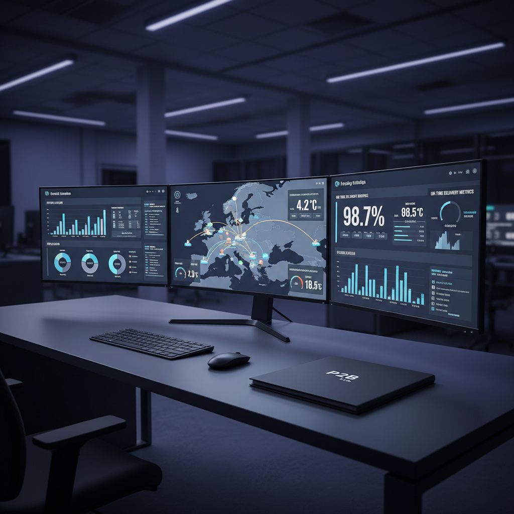 A modern control room desk with three ultra-wide monitors displaying a real-time digital dashboard of a European food supply chain: live maps with moving transport icons, temperature readings for refrigerated shipments, stock levels for various food categories, and on-time delivery metrics. The sleek, dark matte desk holds only a wireless keyboard, mouse, and a closed, branded logistics folder labeled “P2B s.r.o.”. Cool, dim ambient lighting contrasts with the crisp, bright screens casting a subtle glow on the desktop. Shot from a slightly elevated angle with a shallow depth of field, in photographic realism, the mood is calm, high-tech, and in control, emphasizing data-driven reliability and transparency in food trading operations.